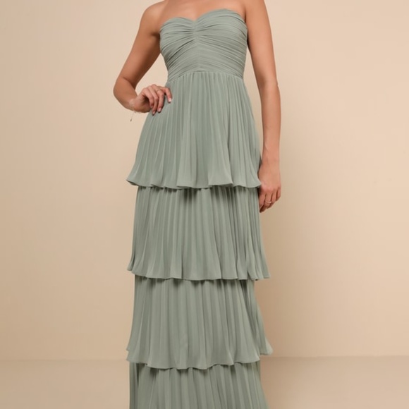 Lulus Seriously Sensational Sage Brush Strapless Tiered Maxi Dress Green - Picture 1 of 1